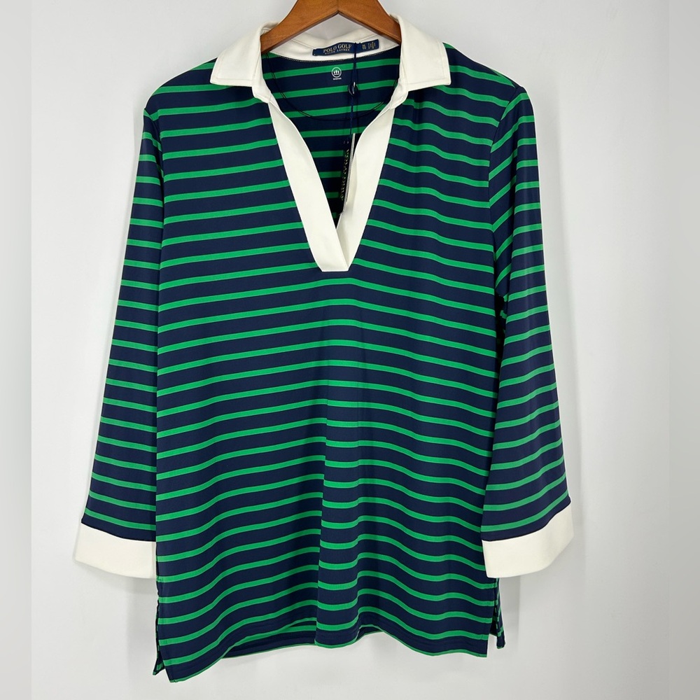 ✨NWT Polo Golf Ralph Lauren Preppy Navy Green Striped Tunic Top UV40 Wicking XL